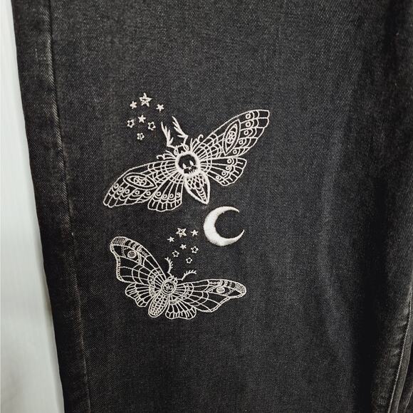 Disturbia Thysania Wide Leg Jeans 38 US 16 Embroidered Death Head Moth Goth Alt - Picture 2 of 9